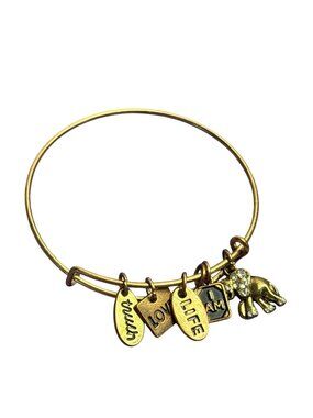 Antiqued Goldtone Bangle Charm Bracelet Truth Love Life I Am Elephant Clear